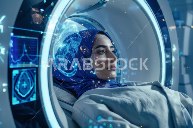 دمج التكنولوجيا والتقنيات الحديثة في المجال الطبي, الاستفادة من الصور الشعاعية في تشخيص الامراض والحالات النادرة, مفهوم التصوير الشعاعي للمريض, شابة عربية خليجية سعودية محجبة تتعرض لأشعة المسح الضوئي داخل جهاز التصوير بالرنين المغناطيسي، الطب والرعاية الصحية