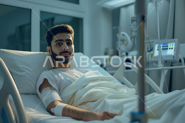 العناية بالمرضى وتثديم الرعاية الصحية اللازمة, شاب مريض مستلقي على سرير في المستشفى وذراعه مضمدة, النظر إلى الكاميرا بتفاؤل, القطاع الطبي والصحي في مستشفيات المملكة العربية السعودية