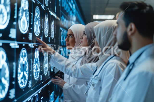 التقدم الرقمي التكنولوجي في الفحص والتشخيص، التطور التقني في المجال العلمي والصحي، فريق من الأطباء يقوم بمعاينة صور أشعة لاتخاذ القرار المناسب, الاستشارة الطبية والعمل مع الفريق بتعاون, مفهوم أخصائي الأشعة والتصوير الشعاعي