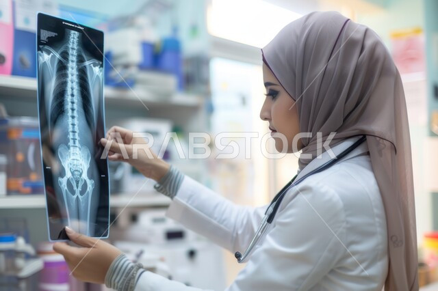 التطور والتقدم في المجال الطبي، استخدام التقنية والتكنولوجيا في البحث الصحي, طبيبة عربية خليجية سعودية محجبة تقوم بمعاينة صورة الأشعة للمريض, مفهوم التصوير الشعاعي, الكشف عن الامراض والحالات الغير واضحة