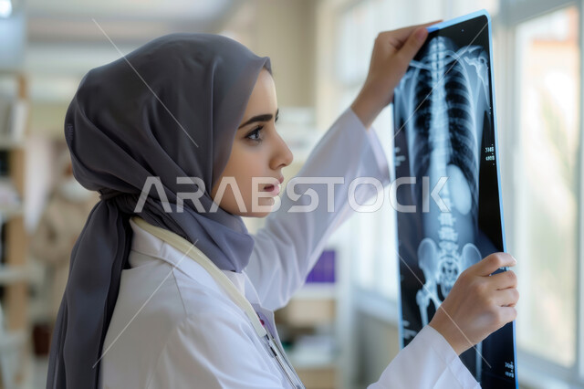 Development and progress in the medical field, the use of technology and technology in health research, a veiled Saudi Arabian Gulf doctor examining the patient’s x-ray image, the concept of radiography, detecting unclear diseases and conditions