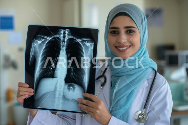 The use of technology and technology in health research, development and progress in the medical field, a veiled Saudi Arabian Gulf doctor holding an x-ray image and looking at the camera with happy gestures, the concept of radiography, detecting diseases and unclear conditions