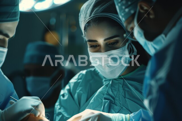 مفهوم الجراحة العامة والقيام بالعمليات الخطيرة, فريق من الأطباء الجراحين المختصين يقوم بعملية معقدة في غرفة العمليات الجراحية, ارتداء الزي الرسمي المعقم والكمامة والقفازات الطبية داخل غرف العمليات, الإضاءة المدروسة الموجهة نحو مكان العملية الطبية