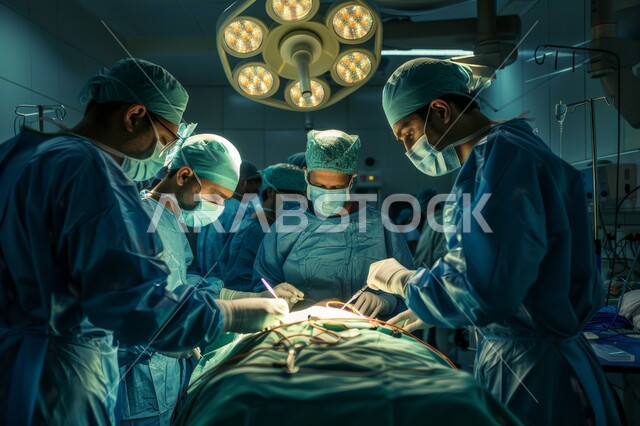 غرفة العمليات الجراحية, حجرة مجهزة بكافة الأدوات والأجهزة الطبية المعقمة, فريق من الأطباء الجراحين المختصين يقوم بعملية معقدة لمريض, ارتداء الزي الرسمي المعقم والكمامة والقفازات الطبية داخل غرف العمليات, الإضاءة المدروسة الموجهة نحو مكان العملية الطبية
