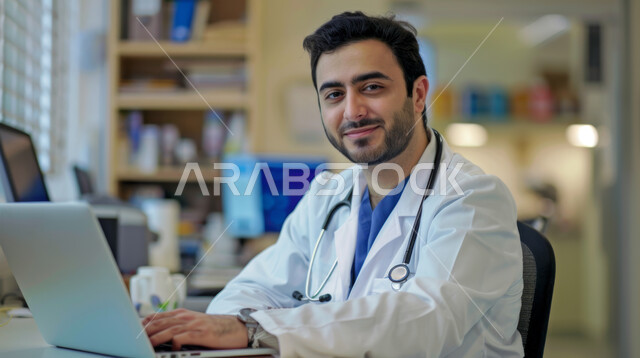 The concept of medicine and health care, using a laptop to provide services to patients and medical consultations, working in the health sector, a Saudi Arabian Gulf doctor looking at the camera with happy gestures, wearing a medical coat and a stethoscope.