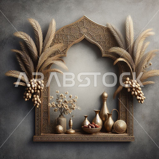 الأجواء الروحانية في شهر رمضان المبارك، المناسبات والأعياد الدينية، اكسسوارات معدنية واطار مزخرف بجانب وعاء مليء بالتمر ، سنة الإفطار النبوية، الفن الإسلامي في التحف وديكورات الزينة، خلفية رمادية