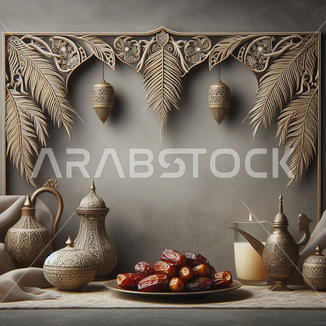 المناسبات والأعياد الدينية، الأجواء الروحانية في شهر رمضان المبارك، اكسسوارات معدنية واطار مزخرف بجانب وعاء مليء بالتمر ، سنة الإفطار النبوية، الفن الإسلامي في التحف وديكورات الزينة، خلفية رمادية