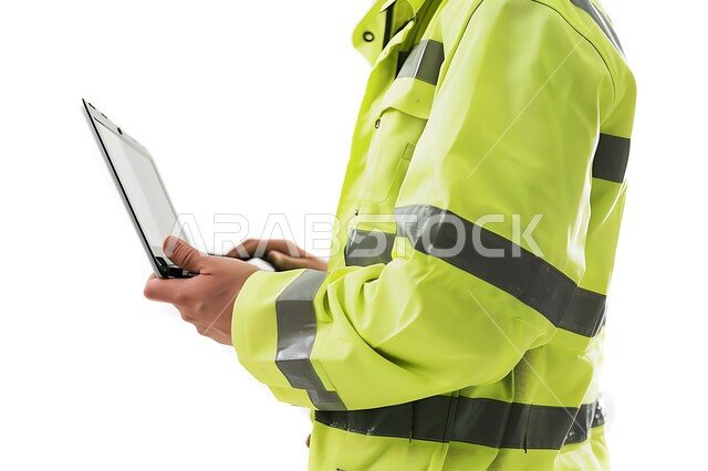 Following up on construction projects, studying the basics of the project through laptop applications, technology and engineering fields, a close-up portrait of a Saudi Gulf Arab engineer wearing a protective jacket working on a laptop, white background