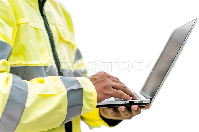 Following up on construction projects, studying the basics of the project through laptop applications, technology and engineering fields, a close-up portrait of a Saudi Gulf Arab engineer wearing a protective jacket working on a laptop, white background