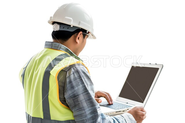 Following up on construction projects, studying the basics of the project through laptop applications, technology and engineering fields, a close-up portrait of a Saudi Gulf Arab engineer wearing a helmet and protective vest working on a laptop, white background