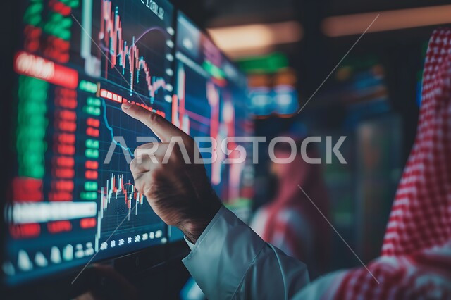 سوق البورصة العالمي، تداول العملة الرقمية، دمج التكنولوجيا المتطورة مع العمل، مراقبة الرسوم البيانيه الهولوجراميه على الشاشات الالكترونيه المضيئه، صورة مقربة لرجل أعمال عربي خليجي سعودي يرتدي الثوب التقليدي والشماغ يقوم بمراقبة ارتفاع وانخفاض الأسهم