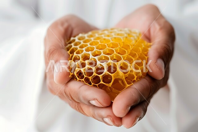 جودة عسل النحل الطبيعي الصافي، منتج محلي صنع في السعودية، بورتريه مقرب لرجل عربي خليجي سعودي يرتدي الثوب التقليدي يمسك بيده قطعة من العسل الطازج, وجبة صحية ذات قيمة غذائية عالية, خلفيه بيضاء