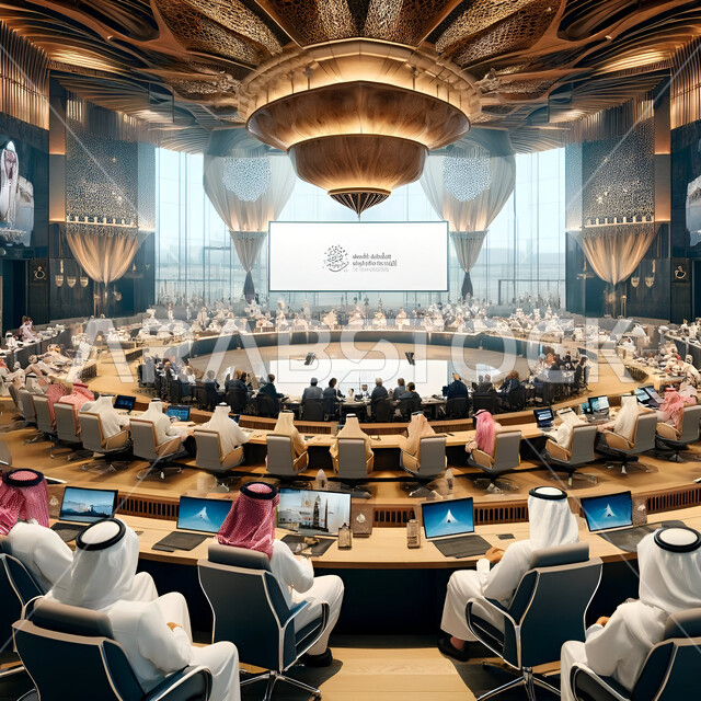 إلقاء الخطابات في صالات المؤتمرات، مفهوم عشاء العمل، ضيافة في المؤتمر، صالات احتفال ووليمة عشاء، قاعة مؤتمرات فخمة لمعرض أعمال في المملكة العربية السعودية مع المندوبين
