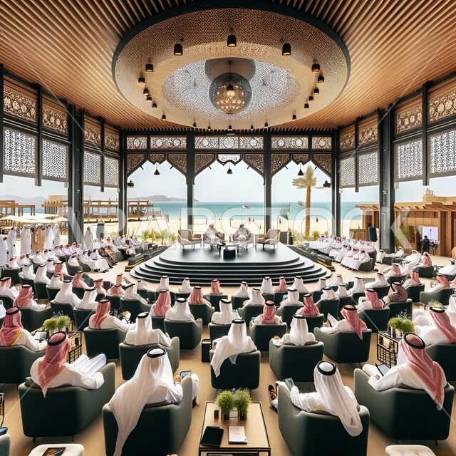 إلقاء الخطابات في صالات المؤتمرات، مفهوم عشاء العمل، ضيافة في المؤتمر، صالات احتفال ووليمة عشاء، قاعة مؤتمرات فخمة لمعرض أعمال في المملكة العربية السعودية مع المندوبين