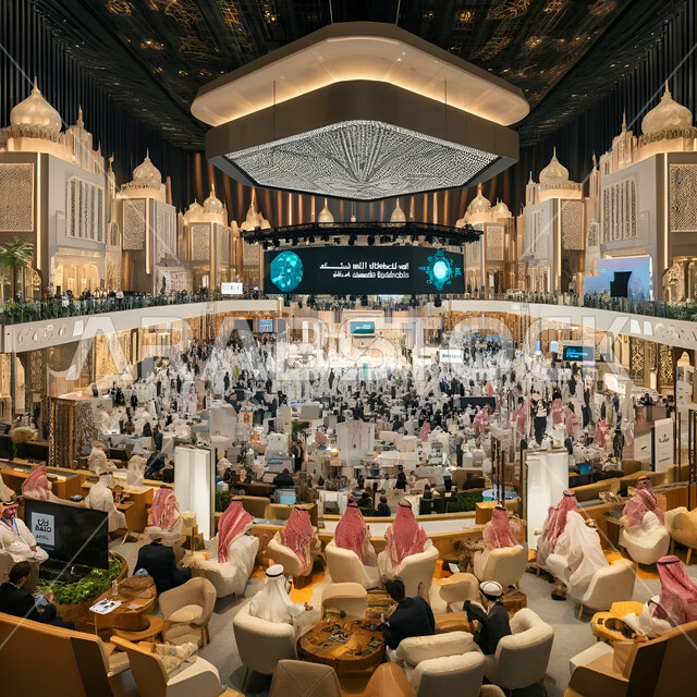 إلقاء الخطابات في صالات المؤتمرات، مفهوم عشاء العمل، ضيافة في المؤتمر، صالات احتفال ووليمة عشاء، قاعة مؤتمرات فخمة لمعرض أعمال في المملكة العربية السعودية مع المندوبين