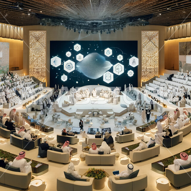 إلقاء الخطابات في صالات المؤتمرات، مفهوم عشاء العمل، ضيافة في المؤتمر، صالات احتفال ووليمة عشاء، قاعة مؤتمرات فخمة لمعرض أعمال في المملكة العربية السعودية مع المندوبين