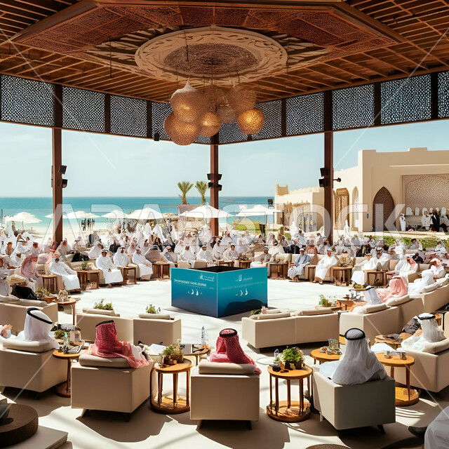 إلقاء الخطابات في صالات المؤتمرات، مفهوم عشاء العمل، ضيافة في المؤتمر، صالات احتفال ووليمة عشاء، قاعة مؤتمرات فخمة لمعرض أعمال في المملكة العربية السعودية مع المندوبين