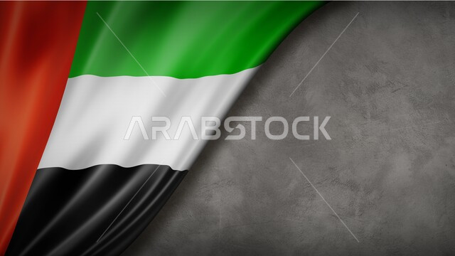 الشعار و الرمز الوطني، يوم استقلال الإمارات، صورة مقربة لعلم الإمارات العربية المتحدة المصنوع من القماش، الإحتفال بالعيد الوطني الإماراتي، حب الوطن والعلم، خلفية رمادية