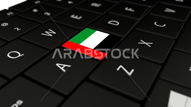 الشعار و الرمز الوطني، يوم استقلال الإمارات، صورة مقربة لعلم الإمارات العربية المتحدة على زر الكيبورد في لوحة المفاتيح، الإحتفال بالعيد الوطني الإماراتي، حب الوطن والعلم