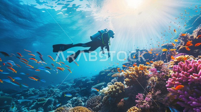 غواص يرتدي الزي الخاص بالغوص في أعماق البحر، استكشاف الطبيعة المائية، النباتات البحرية والثروة السمكية في المملكة العربية السعودية، مجموعة من الأسماك الصغيرة تسبح في المياه، الشعب المرجانية الملونة في البحار والمحيطات