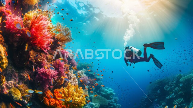 استكشاف الطبيعة المائية، النباتات البحرية والثروة السمكية في المملكة العربية السعودية، مجموعة من الأسماك الصغيرة تسبح في المياه، الشعب المرجانية الملونة في البحار والمحيطات، غواص يرتدي الزي الخاص بالغوص في أعماق البحر