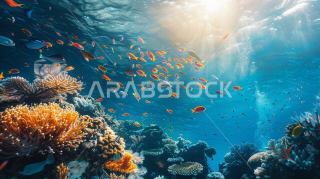 الشعب المرجانية الملونة في اعماق البحار والمحيطات، مجموعة من الأسماك الصغيرة تسبح في المياه، محمية طبيعية بحرية، الثروة السمكية والنباتات المائية في المملكة العربية السعودية، عرض عجائب البيئة المائية في البحر