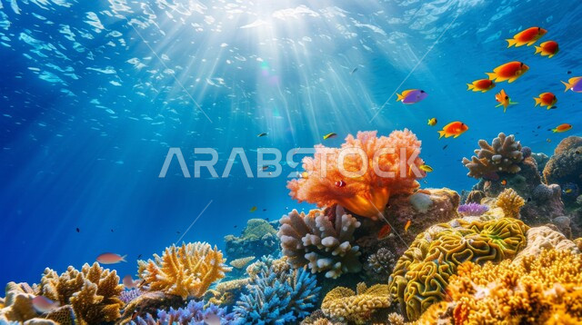 عرض عجائب البيئة المائية في البحر، الثروة السمكية والنباتات المائية في المملكة العربية السعودية، محمية طبيعية بحرية، الشعب المرجانية الملونة في اعماق البحار والمحيطات، مجموعة من الأسماك الصغيرة تسبح في المياه