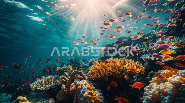 الشعب المرجانية الملونة في اعماق البحار والمحيطات، مجموعة من الأسماك الصغيرة تسبح في المياه، محمية طبيعية بحرية، الثروة السمكية والنباتات المائية في المملكة العربية السعودية، عرض عجائب البيئة المائية في البحر