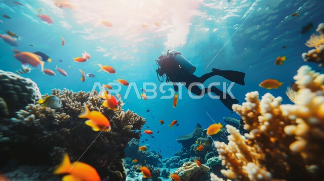 استكشاف الطبيعة المائية، النباتات البحرية والثروة السمكية في المملكة العربية السعودية، مجموعة من الأسماك الصغيرة تسبح في المياه، الشعب المرجانية الملونة في البحار والمحيطات، غواص يرتدي الزي الخاص بالغوص يقوم بالسباحة في أعماق البحر