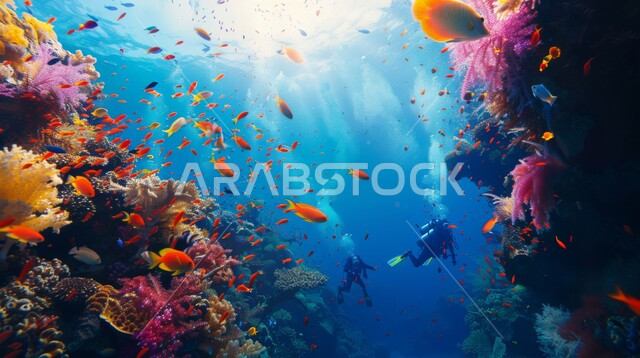 غواصان يرتديان الزي الخاص بالغوص يقومان باستكشاف الطبيعة المائية في أعماق البحار، النباتات البحرية والثروة السمكية في المملكة العربية السعودية، مجموعة من الأسماك الصغيرة تسبح في المياه، الشعب المرجانية الملونة في البحار والمحيطات