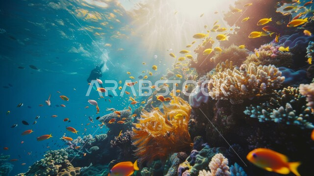 استكشاف الطبيعة المائية، النباتات البحرية والثروة السمكية في المملكة العربية السعودية، مجموعة من الأسماك الصغيرة تسبح في المياه، الشعب المرجانية الملونة في البحار والمحيطات، غواص يرتدي الزي الخاص بالغوص يقوم بالسباحة في أعماق البحر