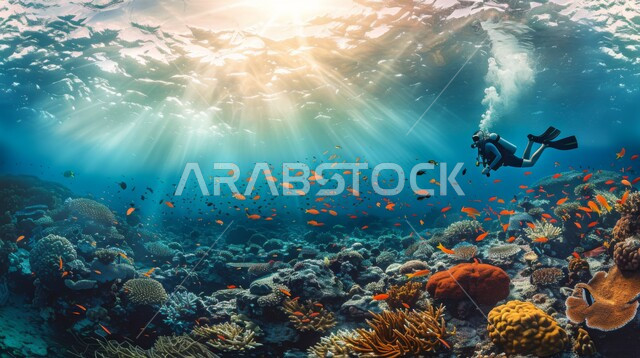 غواص يرتدي الزي الخاص بالغوص في أعماق البحر، استكشاف الطبيعة المائية، النباتات البحرية والثروة السمكية في المملكة العربية السعودية، مجموعة من الأسماك الصغيرة تسبح في المياه، الشعب المرجانية الملونة في البحار والمحيطات