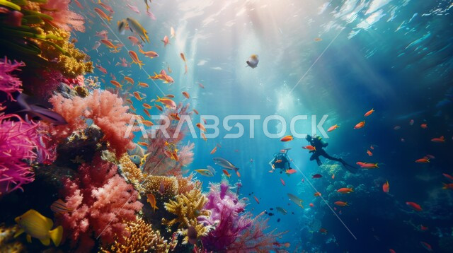 غواص يرتدي الزي الخاص بالغوص في أعماق البحر، استكشاف الطبيعة المائية، النباتات البحرية والثروة السمكية في المملكة العربية السعودية، مجموعة من الأسماك الصغيرة تسبح في المياه، الشعب المرجانية الملونة في البحار والمحيطات