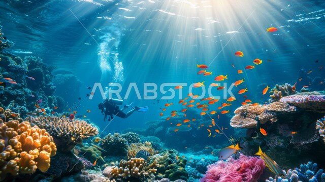 Exploring the aquatic nature, marine plants and fish wealth in the Kingdom of Saudi Arabia, a group of small fish swimming in the water, colorful coral reefs in the seas and oceans, a diver wearing a special diving suit in the depths of the sea