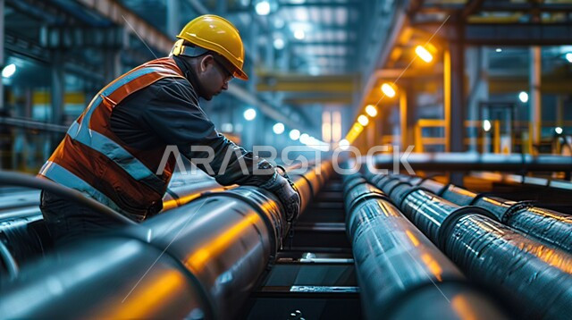 مفهوم إنتاج الغاز في المملكة العربية السعودية، الإشراف على الأعمال ومتابعة سيرها داخل المعمل، صورة من الجانب لمهندس عربي خليجي سعودي يرتدي الخوذة وسترة الحماية يقوم بتفحص خطوط الأنابيب، مهن ووظائف سعودية، خلفية مصنع تكرير النفط