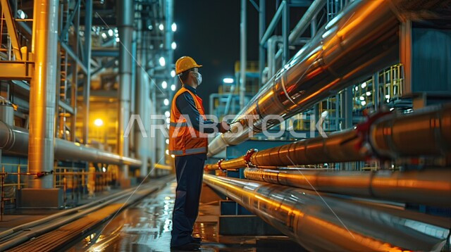 متابعة سير الاعمال في المصانع، صورة من الجانب لمهندس عربي خليجي سعودي يرتدي الخوذة وسترة الحماية والكمامة يقف أمام خطوط الأنابيب، مفهوم إنتاج الغاز في المملكة العربية السعودية, مهن ووظائف سعودية، خلفية مصنع تكرير النفط