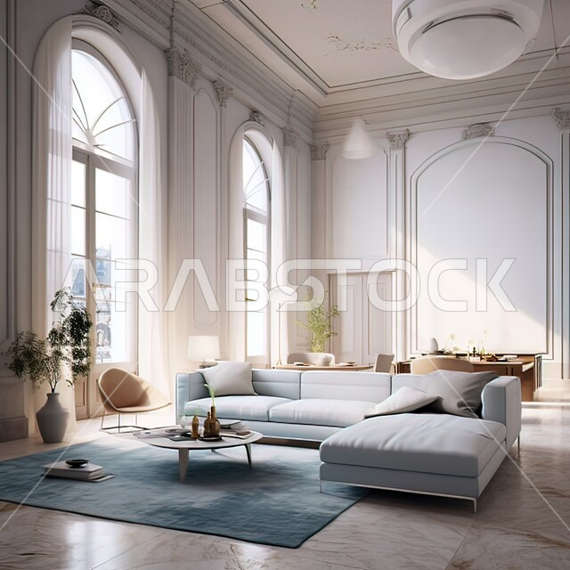 فن الهندسة المعمارية والديكور الداخلي في الفلل والشقق السكنية، التصاميم الداخلية لغرف الجلوس على الطراز الحديث، غرفة معيشة مع أثاث منزلي فاخر باللون الأزرق الفاتح، تحف واكسسوارات فاخرة، نوافذ وواجهات زجاجية