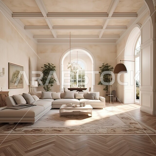 تحف واكسسوارات فاخرة، التصاميم الداخلية لغرف الجلوس على الطراز الحديث، غرفة معيشة مع أثاث منزلي فاخر باللون البيج، طاولة صغيرة بجانب اريكة مريحة، فن الهندسة المعمارية والديكور الداخلي في الفلل والشقق السكنية