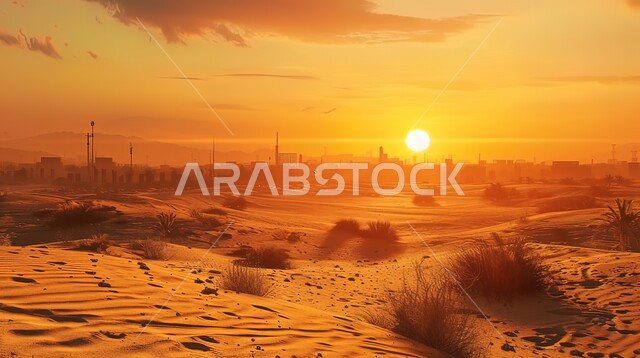 التكوينات والتشكلات الرملية في صحراء المملكة العربية السعودية، غروب الشمس فوق مناطق البادية والبيئة الطبيعية الصحراوية، الهضاب و التلال من الرمال الناعمة الذهبية، خلفية الطبيعة