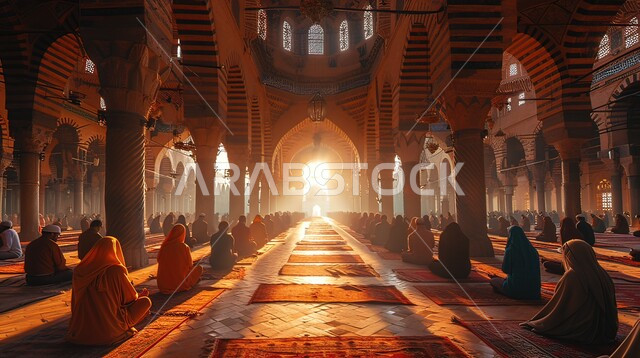 مجموعة من المصليين يجلسون داخل المسجد، تصميمات وديكورات اسلامية عريقة، الفن الهندسي المعماري الداخلي للمساجد، أماكن العبادة والتقرب الى الله تعالى، أداء فريضة الصلاة في وقتها