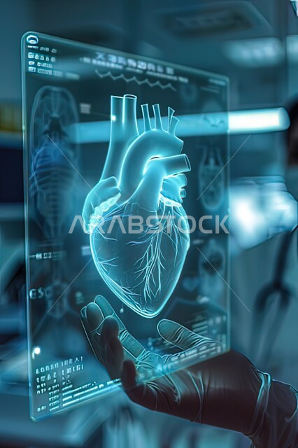 التطور التقني والتكنولوجي في المجال العلمي والصحي، دمج الذكاء الاصطناعي بالطب، رسومات ثلاثية الابعاد لأعضاء جسم الانسان، صورة مقربة ليد طبيب عربي خليجي سعودي يحمل صورة القلب بتقنية الهولوجرام
