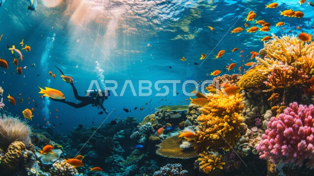 استكشاف الطبيعة المائية، النباتات البحرية والثروة السمكية في المملكة العربية السعودية، مجموعة من الأسماك الصغيرة تسبح في المياه، الشعب المرجانية الملونة في البحار والمحيطات، غواص يرتدي الزي الخاص بالغوص في أعماق البحر