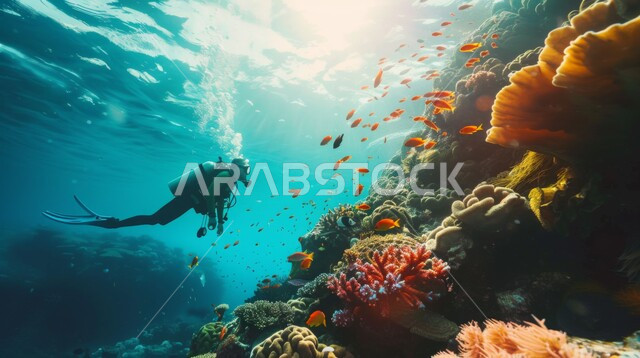 غواص يرتدي الزي الخاص بالغوص في أعماق البحر، استكشاف الطبيعة المائية، النباتات البحرية والثروة السمكية في المملكة العربية السعودية، مجموعة من الأسماك الصغيرة تسبح في المياه، الشعب المرجانية الملونة في البحار والمحيطات