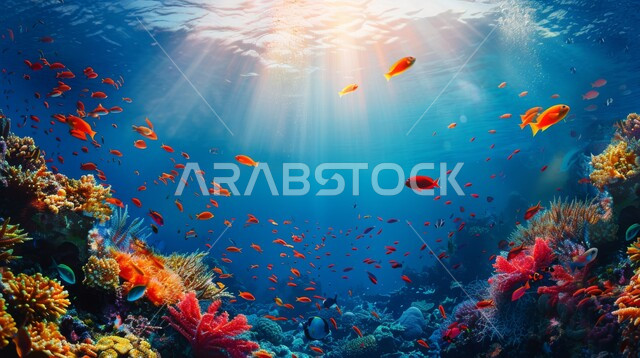 Aquatic plants and fish wealth in the Kingdom of Saudi Arabia, a group of small fish swimming in the water, colorful coral reefs in the depths of the seas and oceans, a marine nature reserve, displaying the wonders of the aquatic environment in the sea