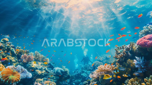 غواص يرتدي الزي الخاص بالغوص في أعماق البحر، استكشاف الطبيعة المائية، النباتات البحرية والثروة السمكية في المملكة العربية السعودية، مجموعة من الأسماك الصغيرة تسبح في المياه، الشعب المرجانية الملونة في البحار والمحيطات