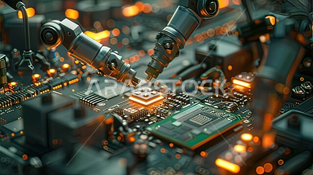 استخدام روبوتات متطورة في انتاج وتصنيع الدارات الحديثة، رؤية سعودية مستقبلية 2030، تحقيق الثورة الصناعية، الاعتماد على التشغيل الآلي في معامل ومصانع المملكة العربية السعودية، علوم و تكنولوجيا الذكاء الاصطناعي في المجال التقني والهندسي