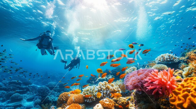 غواصان يرتديان الزي الخاص بالغوص يقومان باستكشاف الطبيعة المائية في أعماق البحار، النباتات البحرية والثروة السمكية في المملكة العربية السعودية، مجموعة من الأسماك الصغيرة تسبح في المياه، الشعب المرجانية الملونة في البحار والمحيطات