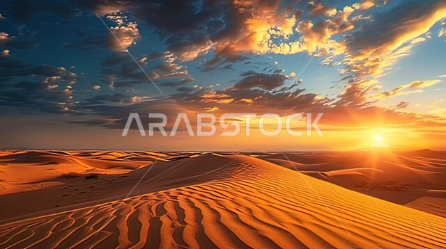 غروب الشمس في السماء المليئة بالغيوم فوق مناطق البادية والبيئة الطبيعية الصحراوية، التكوينات والتشكيلات الرملية في صحراء المملكة العربية السعودية، الهضاب و التلال من الرمال الناعمة الذهبية، خلفية طبيعية