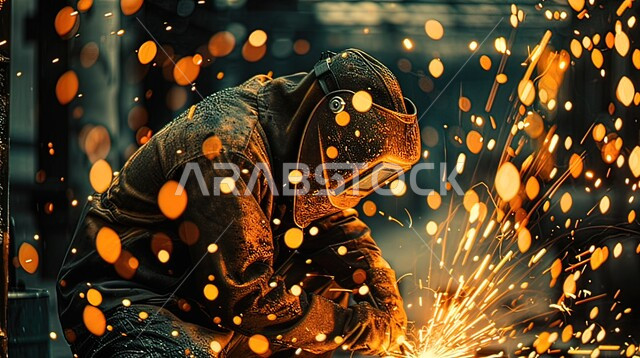 ارتداء قناع الحمايه من الشرار المتناثر، صورة مقربة من الجانب لحداد عربي خليجي سعودي يقوم بلحام الحديد في المصنع، مصانع المعادن الخام، عمال ومهندسين في المملكة العربية السعودية