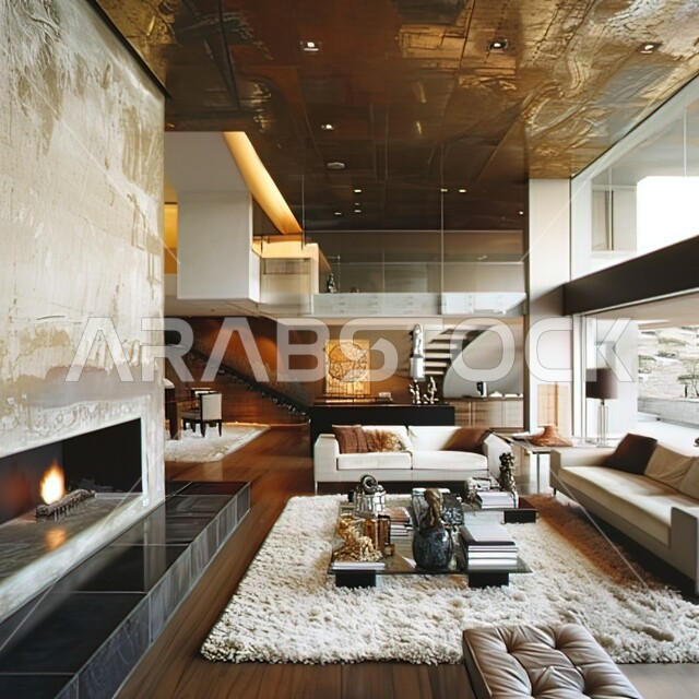 التصاميم الداخلية لغرف الجلوس على الطراز الحديث، فن الهندسة المعمارية والديكور الداخلي في الفلل والشقق السكنية، غرفة معيشة مع أثاث منزلي فاخر ومريح، تحف واكسسوارات فاخرة